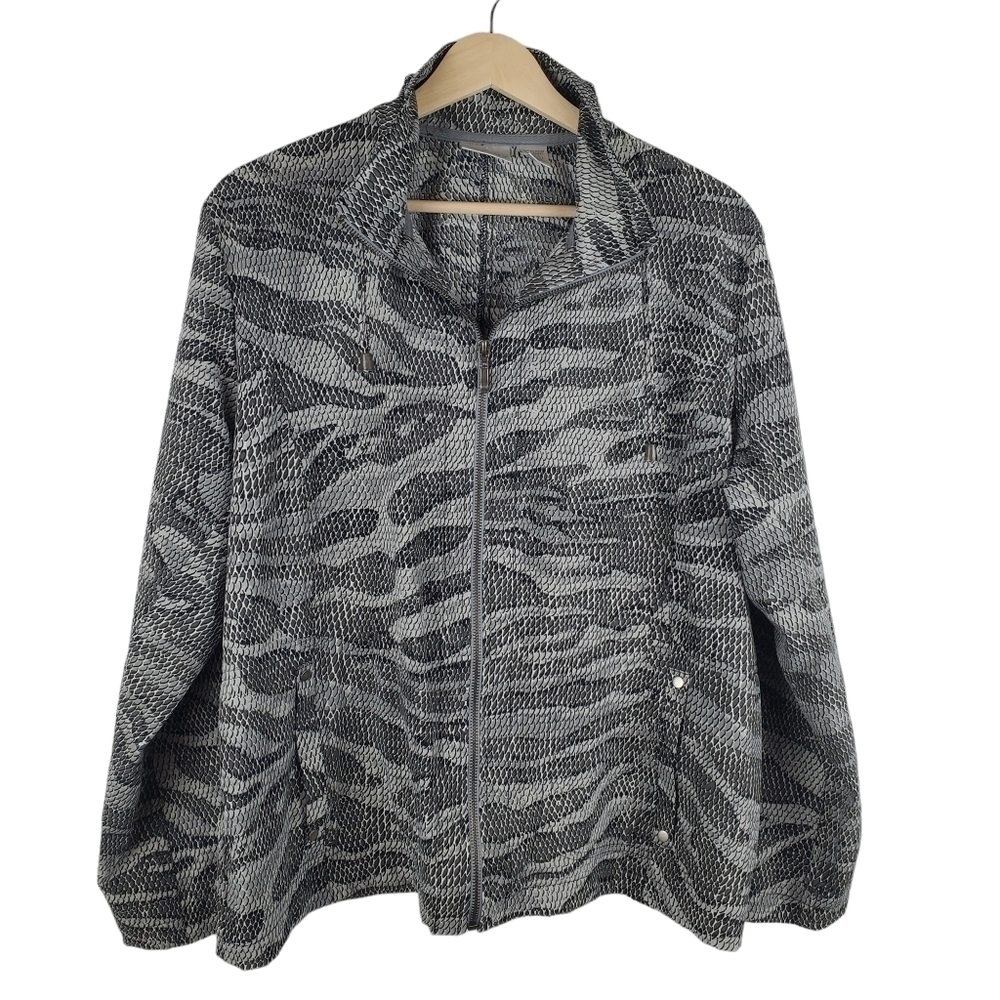 Chico's Zenergy Jacket Womens 2 US 12 Large Gray Snakeprint Full Zip Mockneck